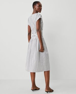 Striped Smocked-Waist Midi Flare Dress
