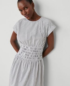 Striped Smocked-Waist Midi Flare Dress