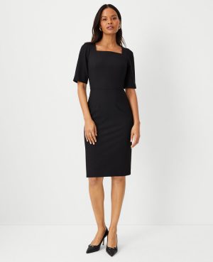 The Petite Elbow Sleeve Square Neck Dress in Seasonless Stretch – Curvy Fit