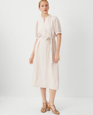 Petite Striped Puff Sleeve Midi Shift Dress