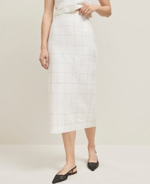 The Clean Midi Skirt in Windowpane Linen Blend