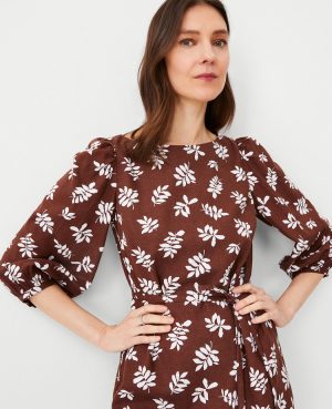 Petite Leafed Linen Blend Puff Sleeve Shift Dress