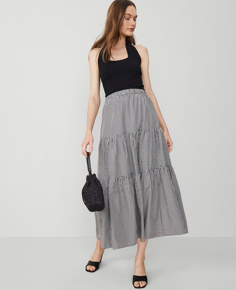 Petite Gingham Taffeta Tiered Skirt