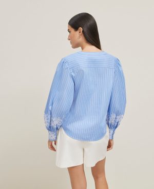 Tall Striped Embroidered V-Neck Popover