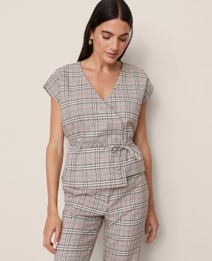 Plaid Wrap Tie Waist Blouse