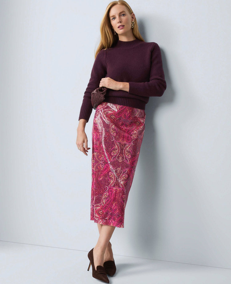 Sequin Paisley Column Midi Skirt