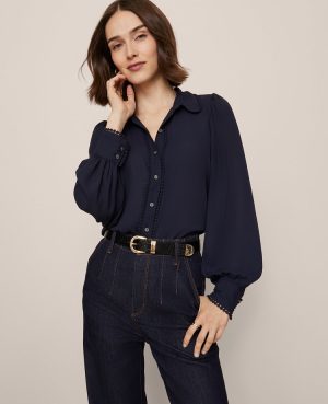 Petite Bobble Trim Collared Shirt