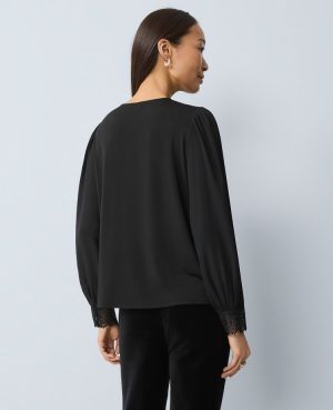 Petite Lace Trim Mixed Media Blouse