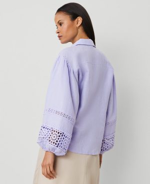 Tall Embroidered Linen Puff Sleeve Blouse