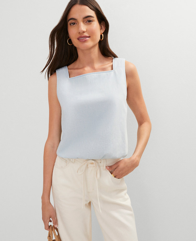 Petite Weekend Collection Chambray Bubble Hem Top