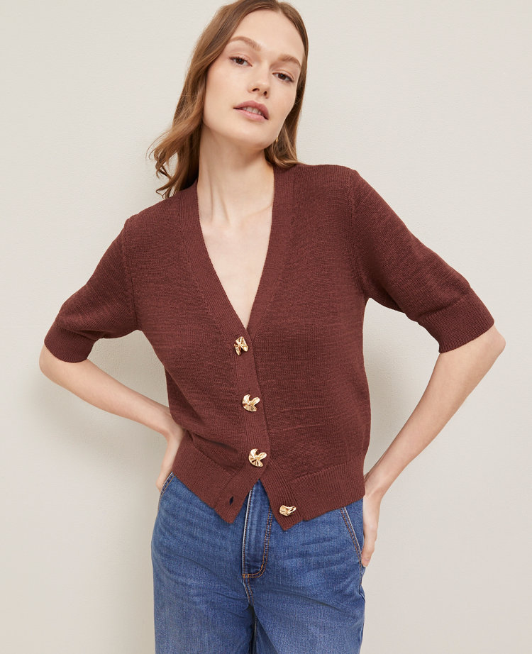 Petite Novelty Button V-Neck Cardigan