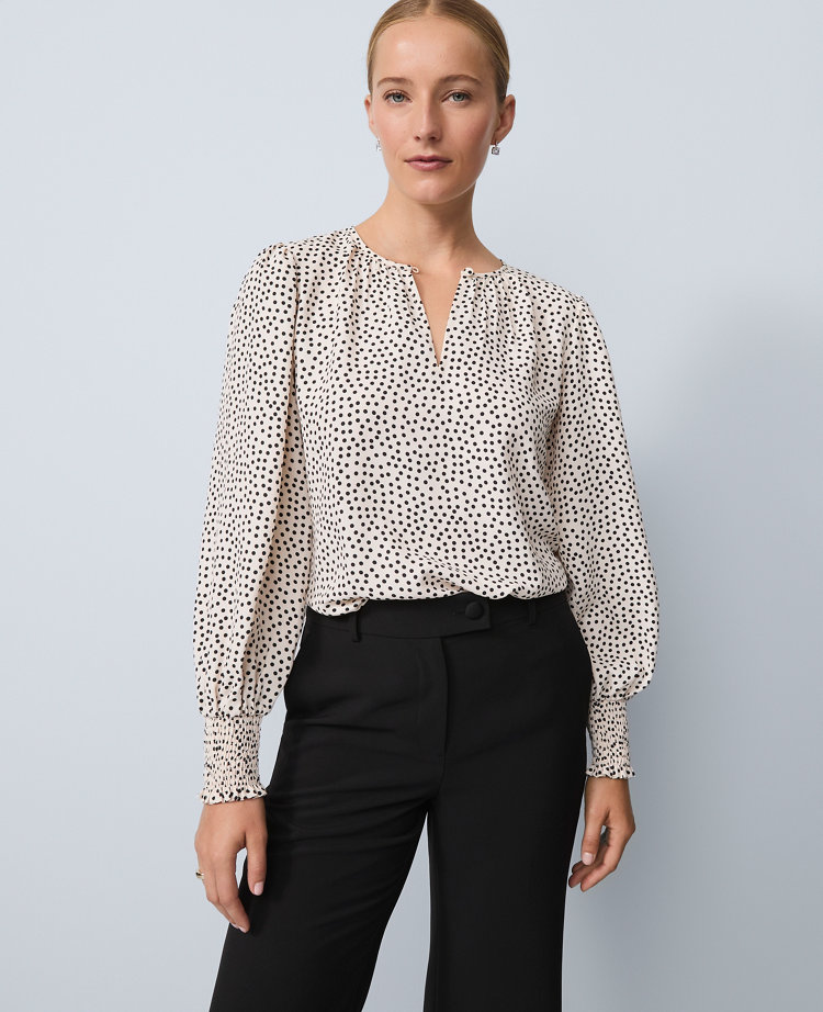 Dotted Smocked Crew Neck Top