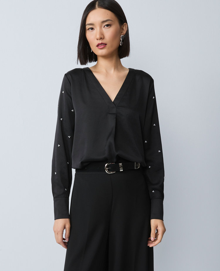 Petite Pearl Embellished Mixed Media Top