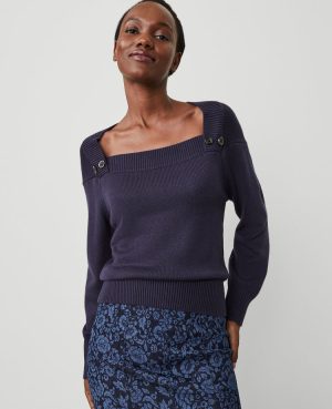 Petite Button Envelope Neck Sweater