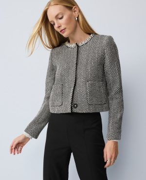 Embellished Herringbone Cropped Jacket