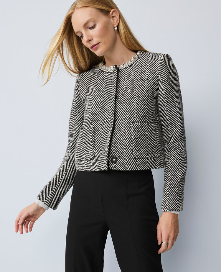 Embellished Herringbone Cropped Jacket
