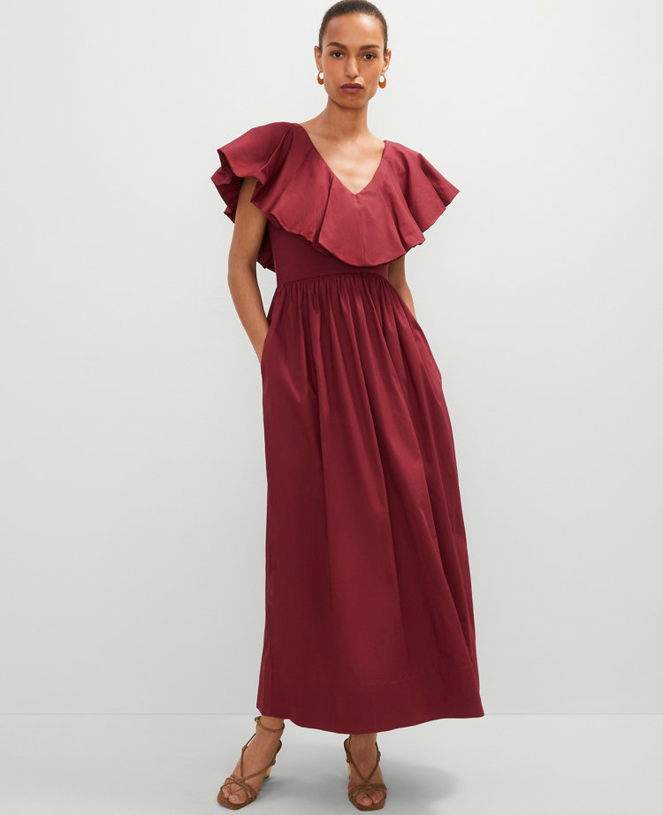 Petite Ruffle Collar Maxi Flare Dress