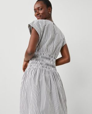 Petite Striped Smocked-Waist Midi Flare Dress