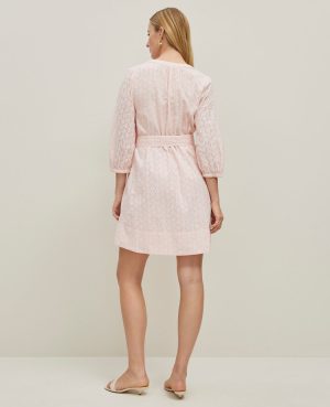 Petite Eyelet Belted Split Neck Dress