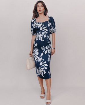Petite Floral Puff Sleeve Midi Dress