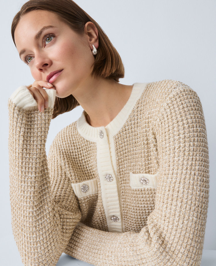 Metallic Waffle Knit Sweater Jacket