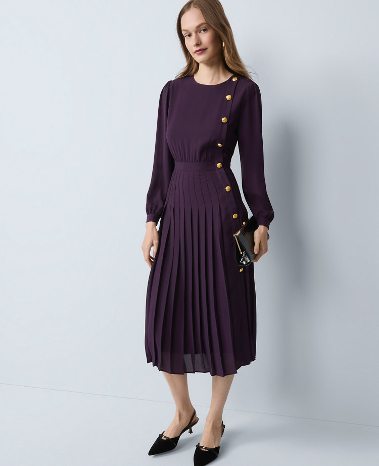 Pleated Button Flare Midi Dress